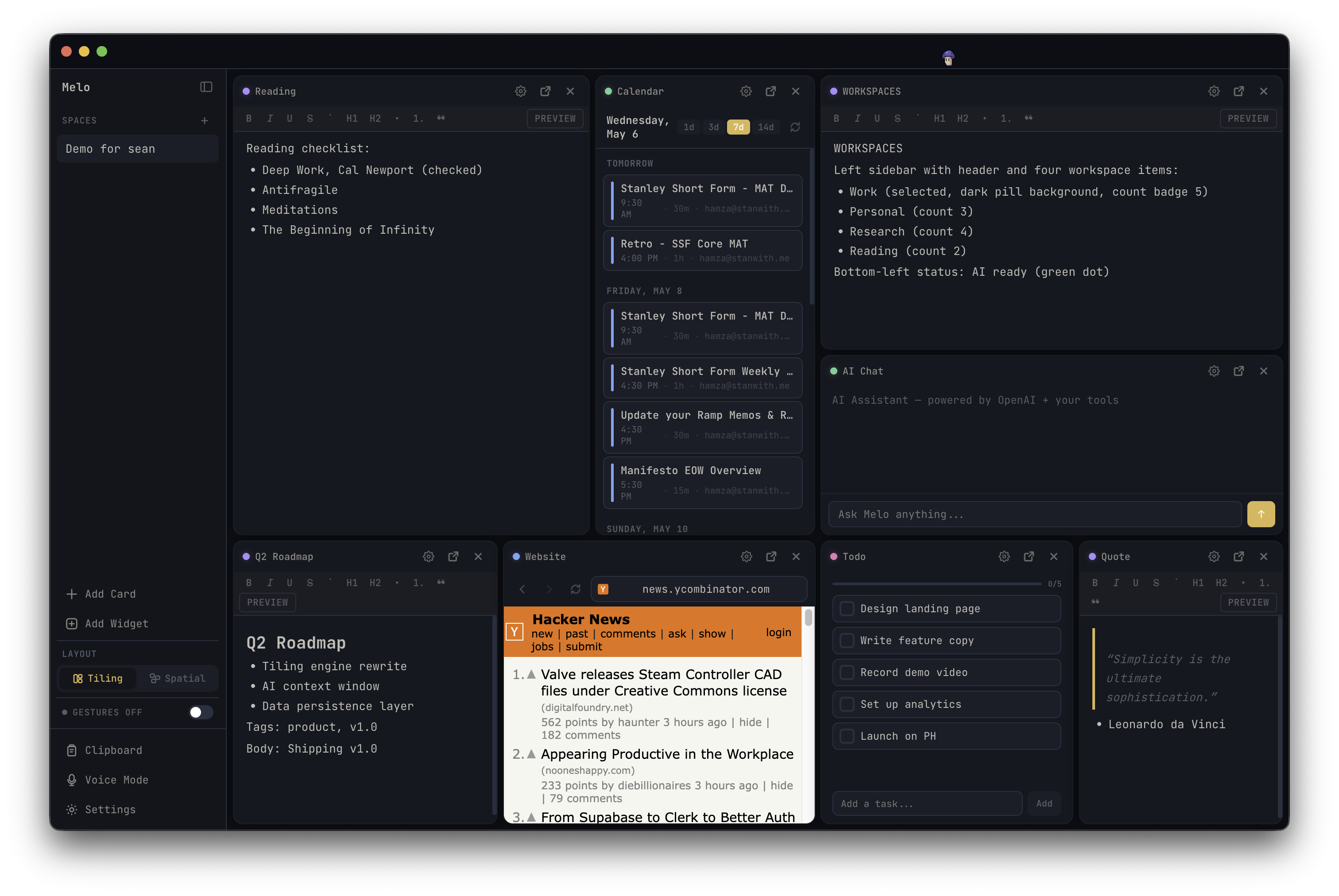 Melo app showing notes, calendar, AI chat, todos, and websites all on one canvas